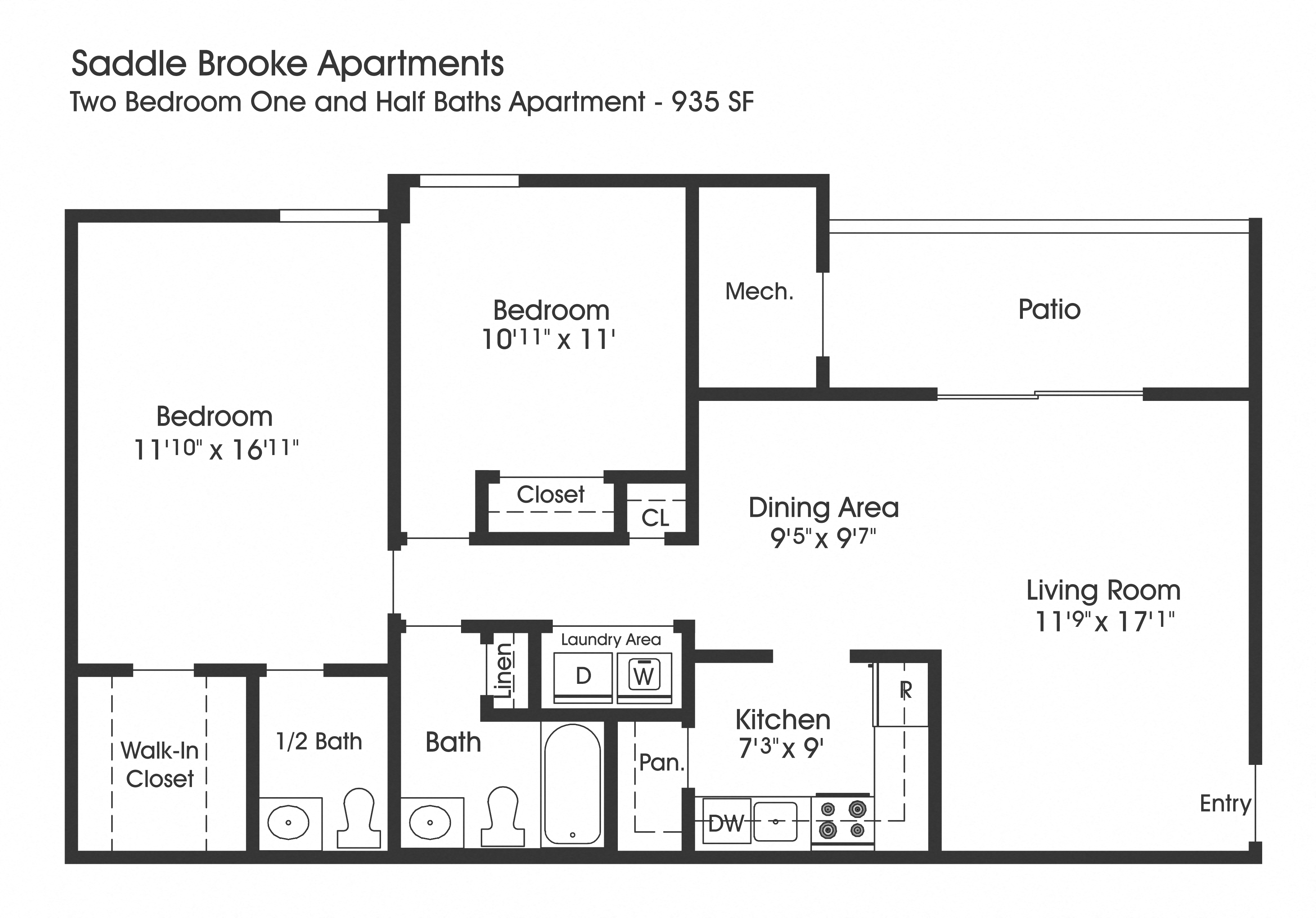 Floor plan for 2 beds, 1.5 baths, 935 sqft